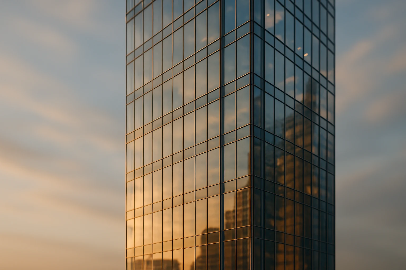 Glass office tower facade divided into a measurement grid, with one pane singled out as an example investor share