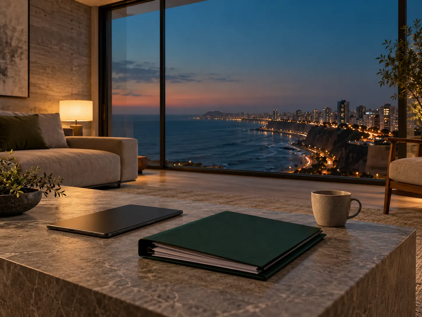Sala con vista a la costa de Lima al atardecer, con una carpeta de oferta sobre la mesa