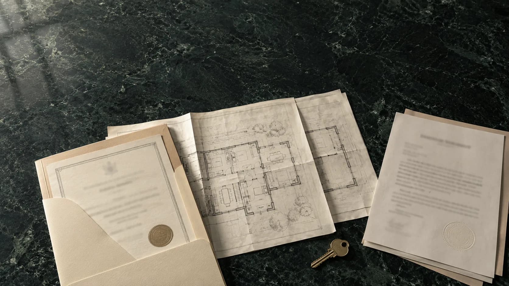 Documentos de una oferta, planos y una llave sobre un escritorio de piedra